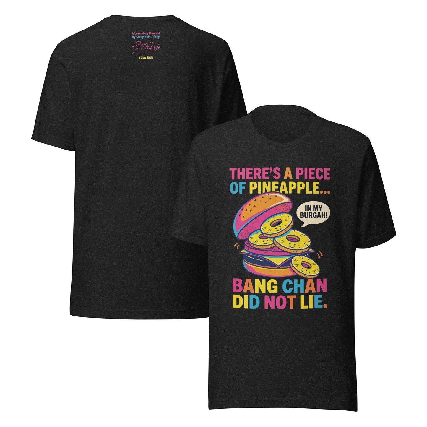 Clothing By Hot Takes Designs black heather graphic t-shirt featuring a pineapple burger illustration and K-pop text.