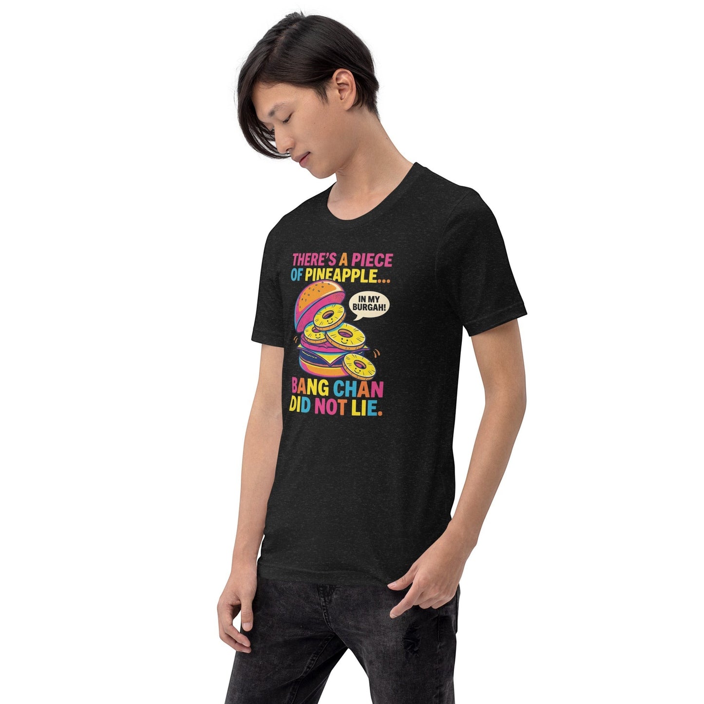 Clothing By Hot Takes Designs black heather graphic t-shirt featuring a pineapple burger illustration and text.