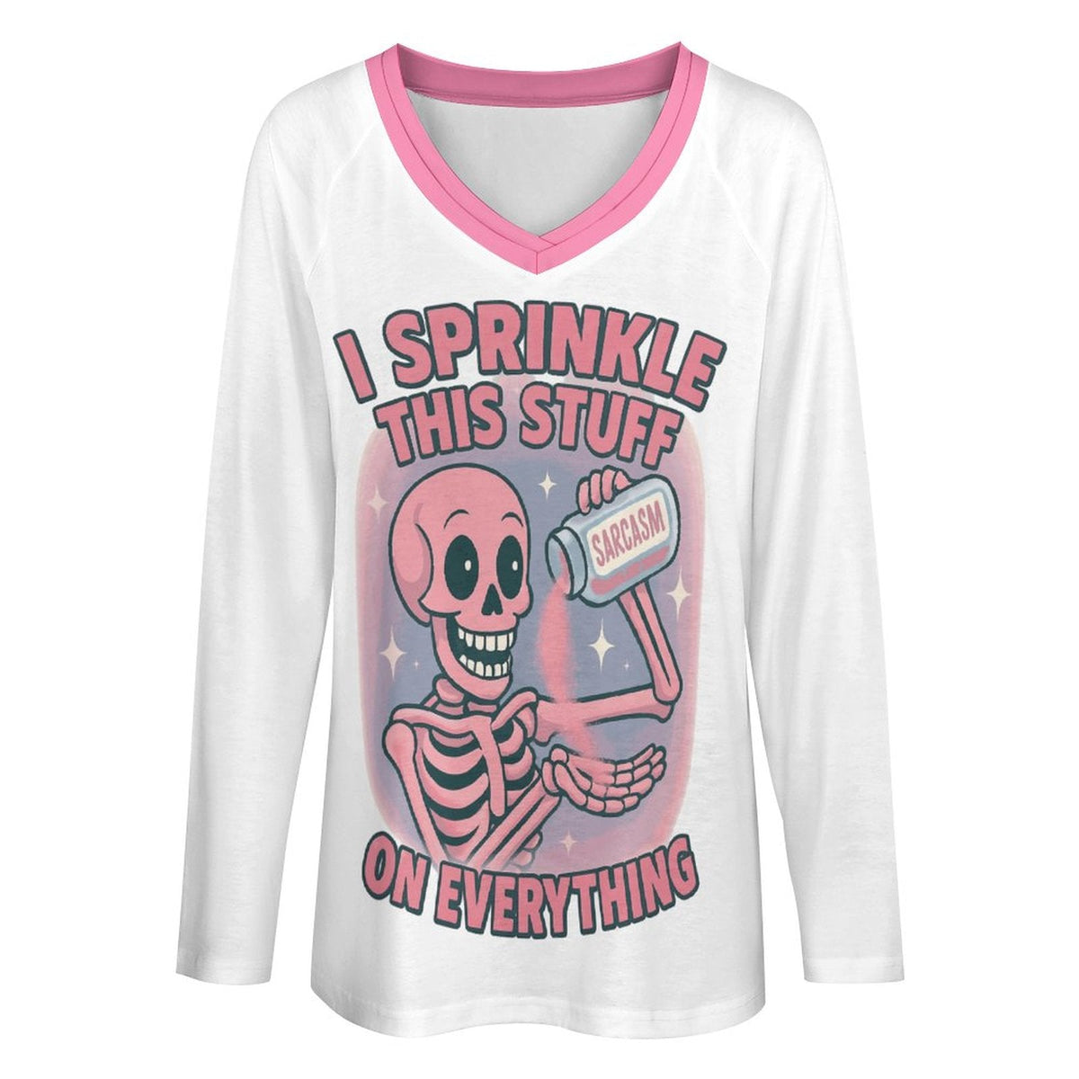 Clothing By Hot Takes Designs pink skeleton graphic V-neck long sleeve tee with Y2K aesthetic and sarcastic print.
