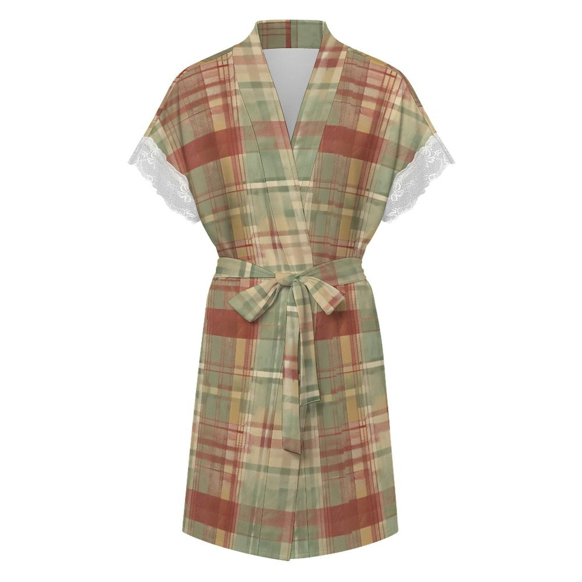 Clothing By Hot Takes Designs sage green plaid milk silk nightgown with short sleeves and delicate lace trim