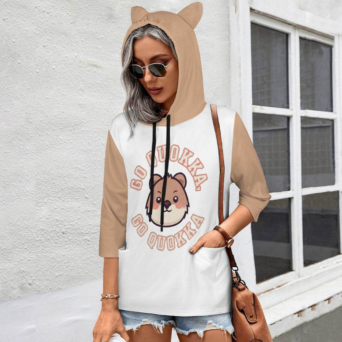 Clothing By Hot Takes Designs Stray Kids Quokka hoodie with 3D ears, 3/4 sleeves, and a cute graphic print.