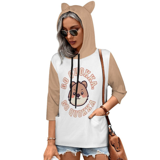 Front view of white and beige Stray Kids Quokka graphic 3/4 sleeve hoodie with 3D novelty ears on drawstring hood
