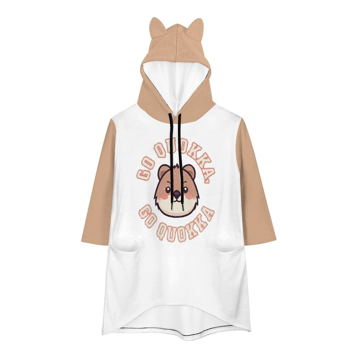 Clothing By Hot Takes Designs white and tan 3/4 sleeve hoodie featuring a cute Go Quokka graphic and 3D novelty ears.