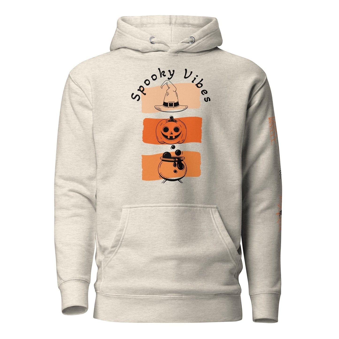 Clothing By Hot Takes Designs beige retro Halloween hoodie with Spooky Vibes pumpkin and witch hat graphic print