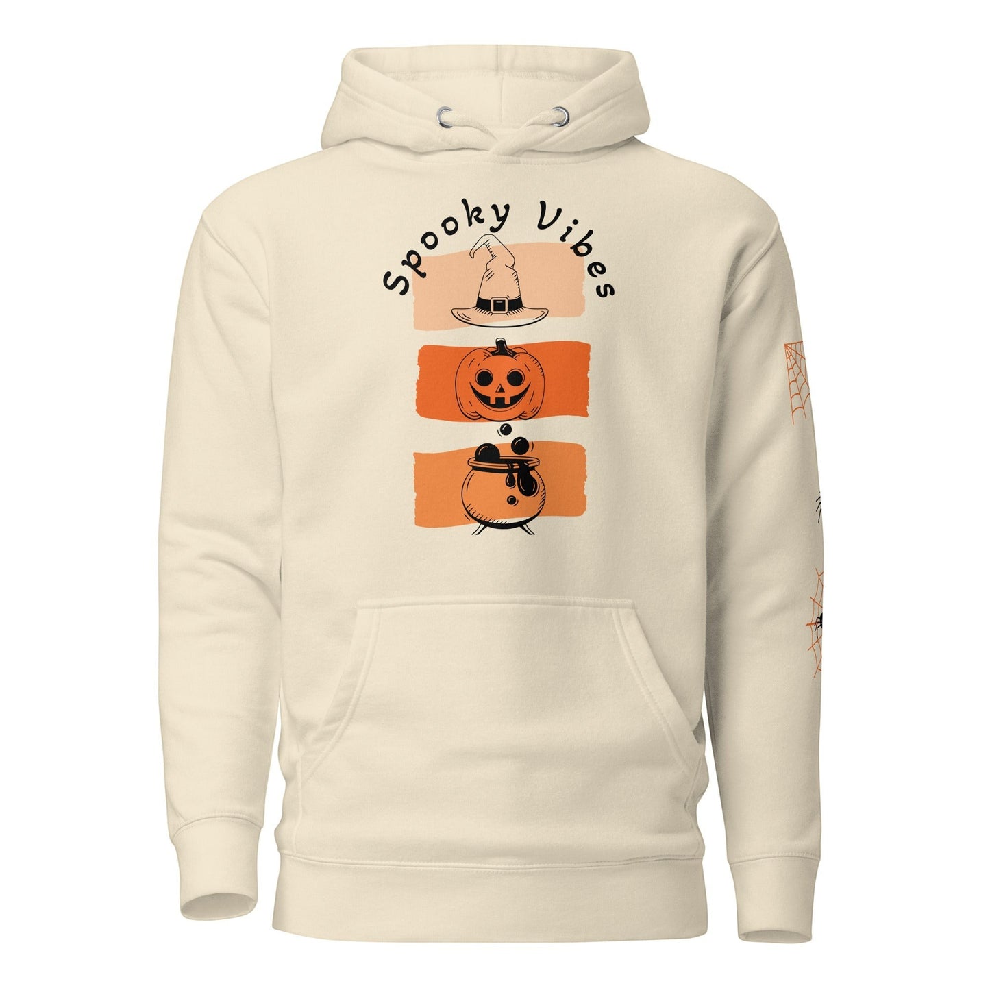 Clothing By Hot Takes Designs cream hoodie with retro Spooky Vibes pumpkin, witch hat, and cauldron graphic print.