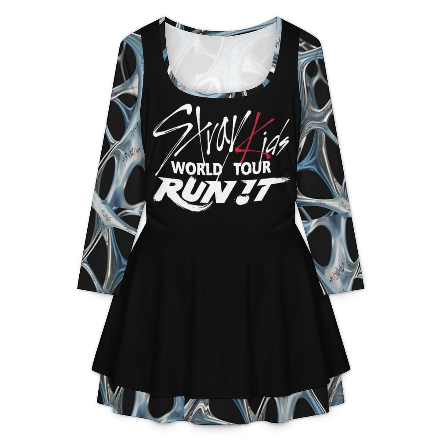 Clothing By Hot Takes Designs District 9 Run It tour dress with long sleeves, square neckline, and ruffled hem.