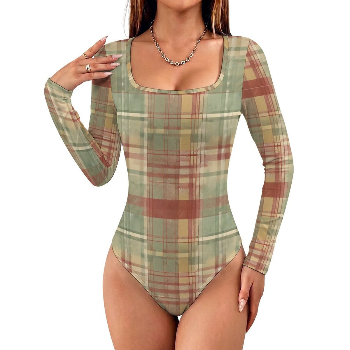 Clothing By Hot Takes Designs sage green plaid long sleeve bodysuit with a square neckline in soft milk fiber fabric.