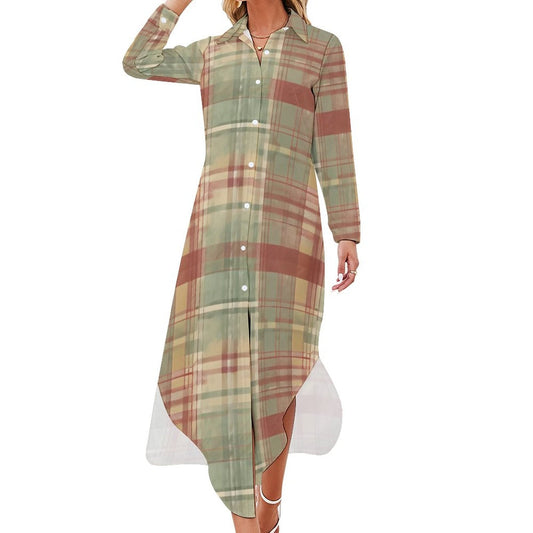 Clothing By Hot Takes Designs sage green plaid shirt dress with button-down collar and long sleeves on a model