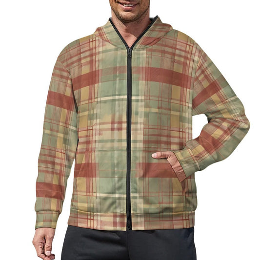 Clothing By Hot Takes Designs sage green plaid full-zip fleece hoodie with front pockets worn by a man