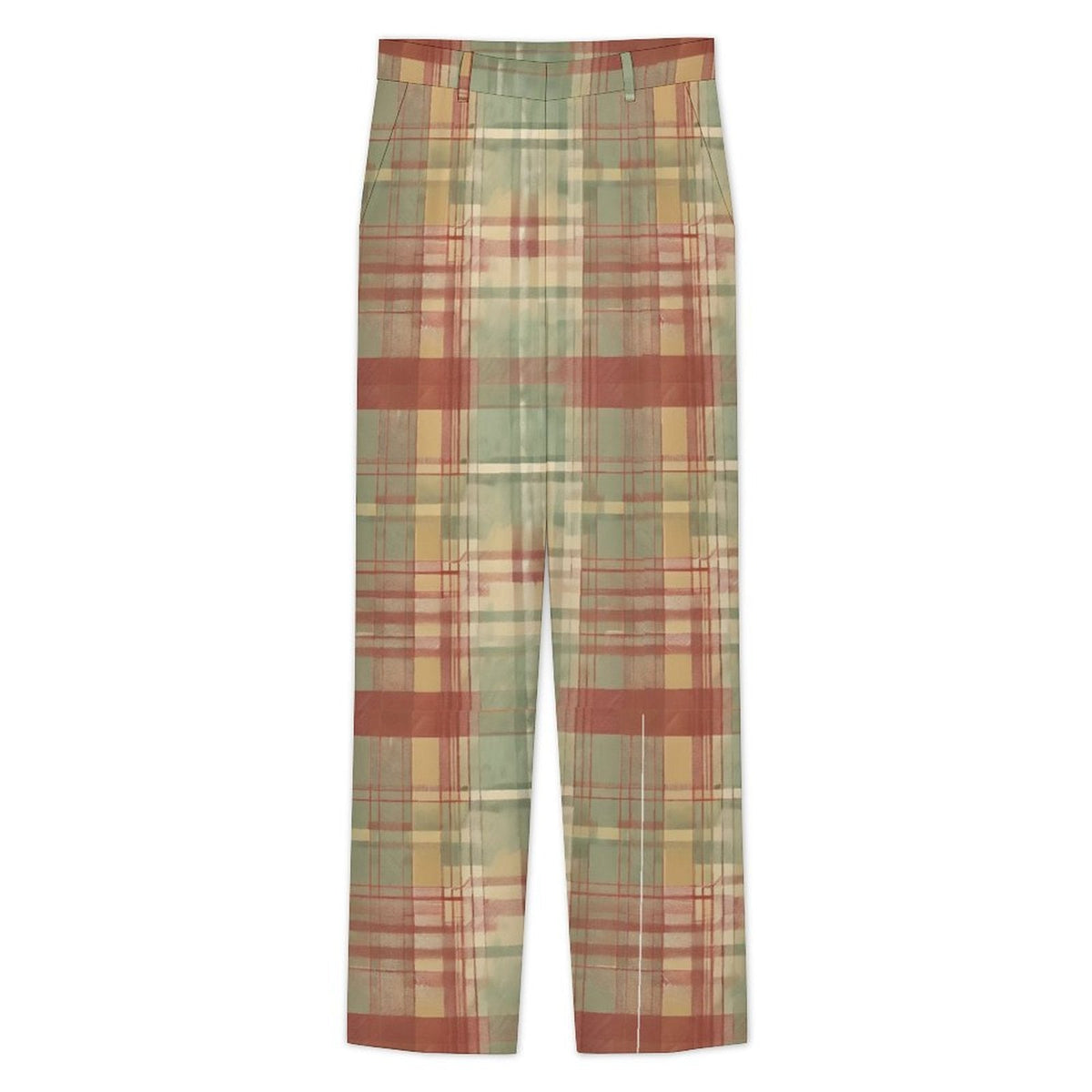 Clothing By Hot Takes Designs sage green plaid tartan trousers with 4-way stretch knit fabric and belt loops.