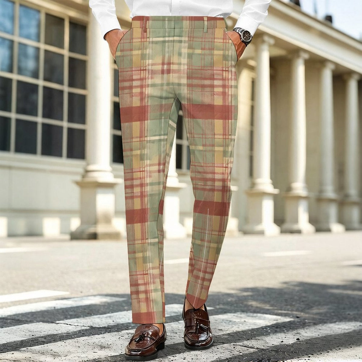 Clothing By Hot Takes Designs sage green plaid tartan trousers with 4-way stretch fabric worn with brown loafers.