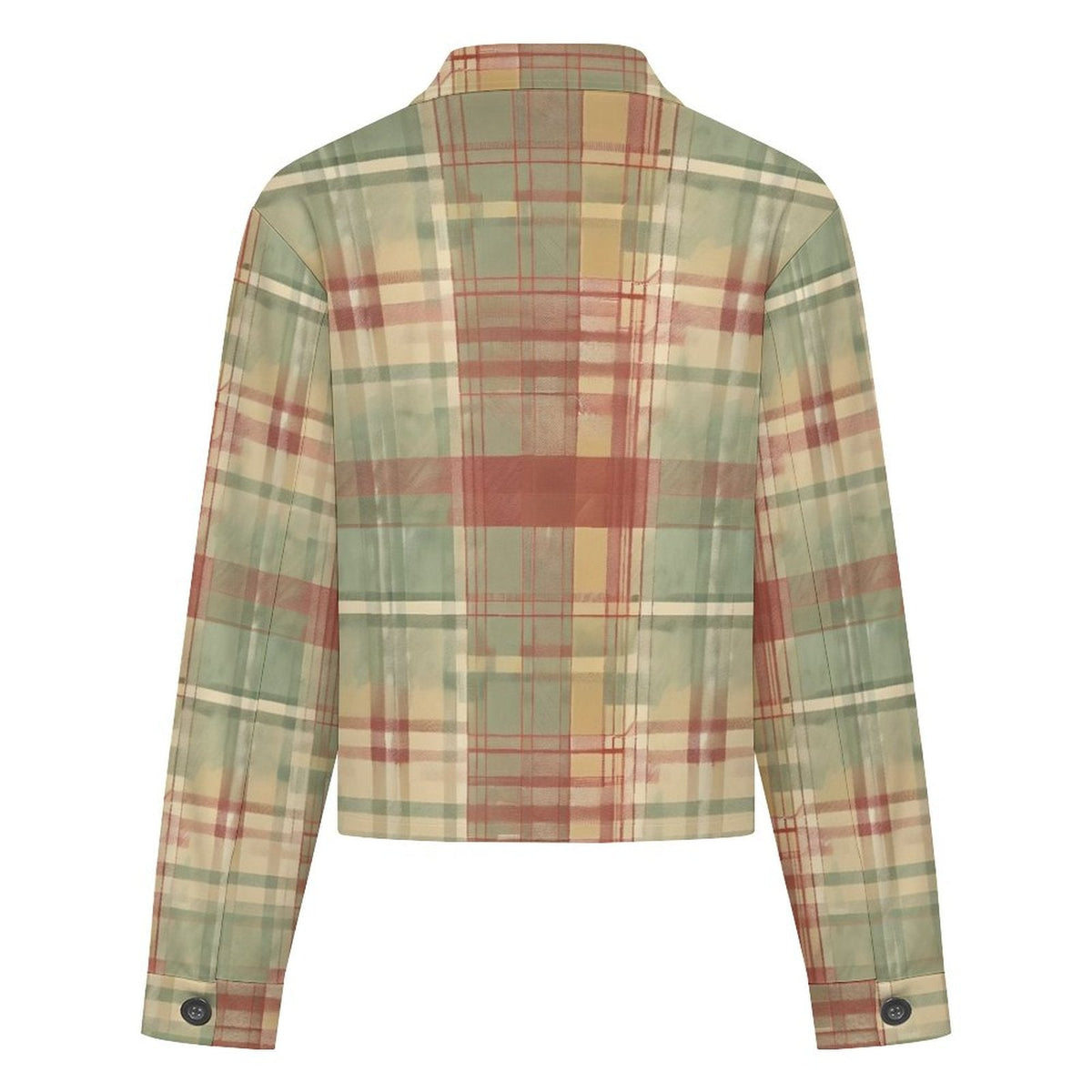 Clothing By Hot Takes Designs sage green tartan plaid short-sleeve shacket, back view of lightweight air layer fabric.