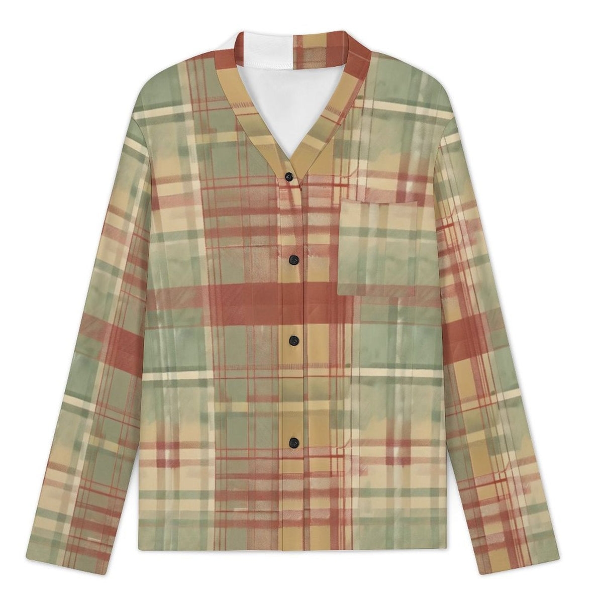 Clothing By Hot Takes Designs sage green ombre plaid button-down V-neck pajama top in soft milk fiber fabric.