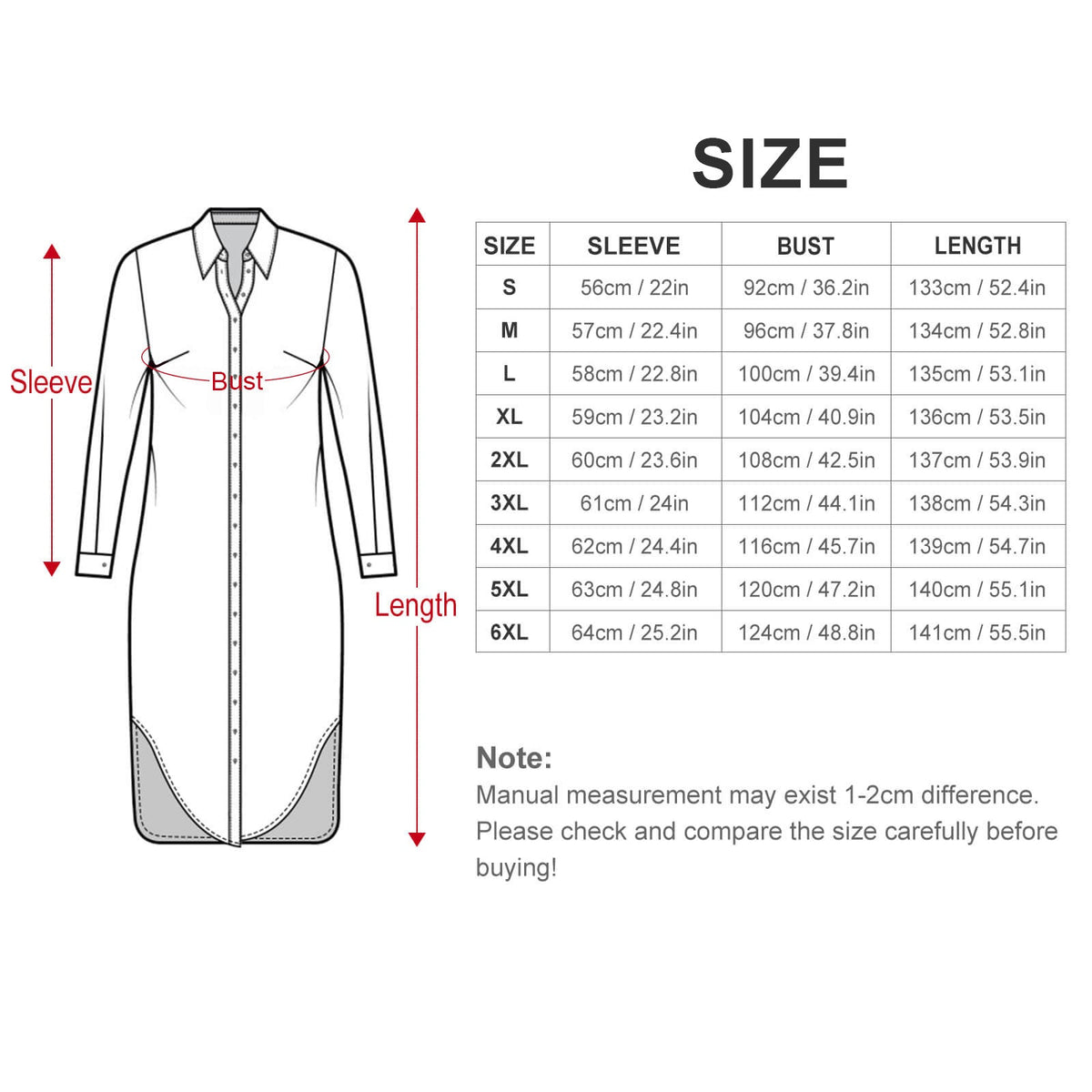 Clothing By Hot Takes Designs size chart for women's sage green plaid shirt dress showing sleeve, bust, and length.