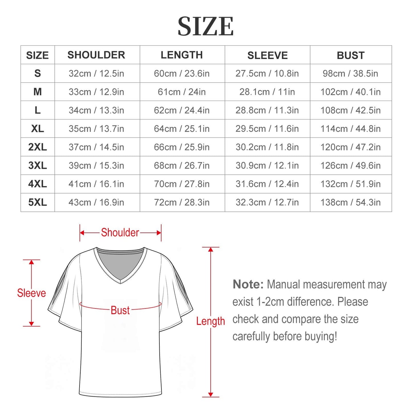 Clothing By Hot Takes Designs size chart for V-neck cold shoulder ruffled sleeve top with measurement guide