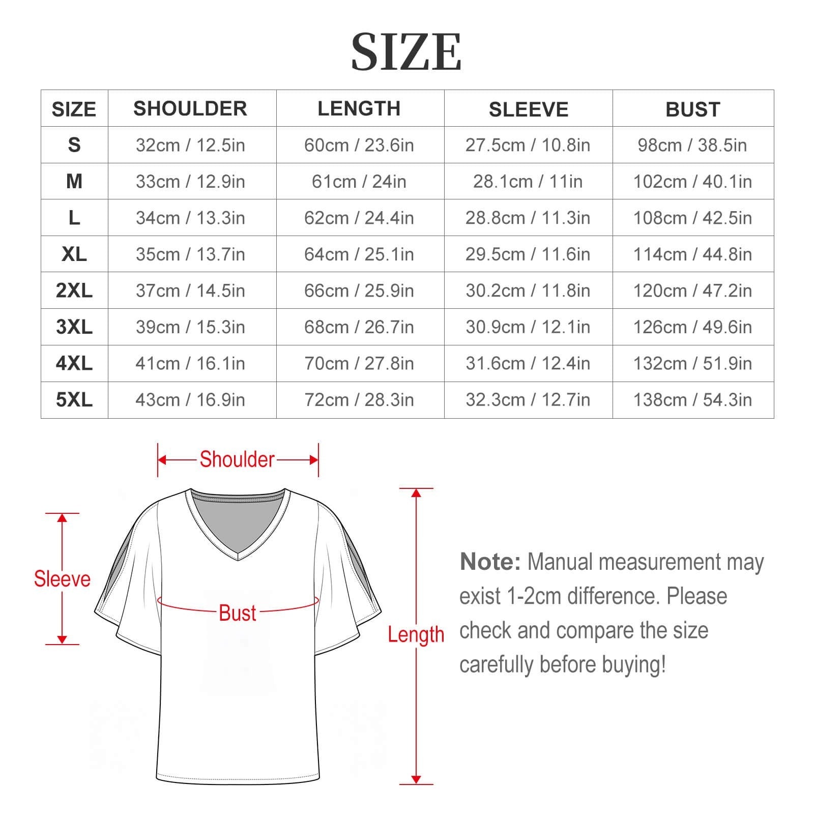 Clothing By Hot Takes Designs size chart for V-neck cold shoulder ruffled sleeve top with measurement guide