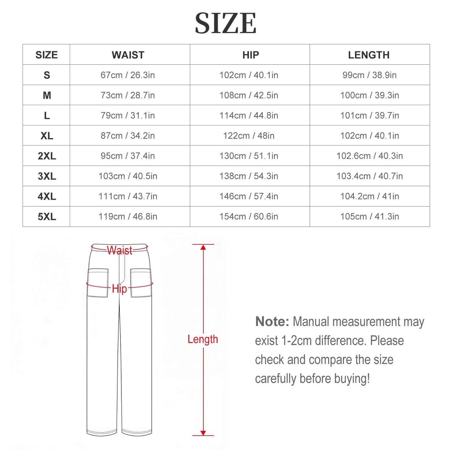 Clothing By Hot Takes Designs size chart for Stray Kids lightning wide leg casual pants showing waist, hip, and length.