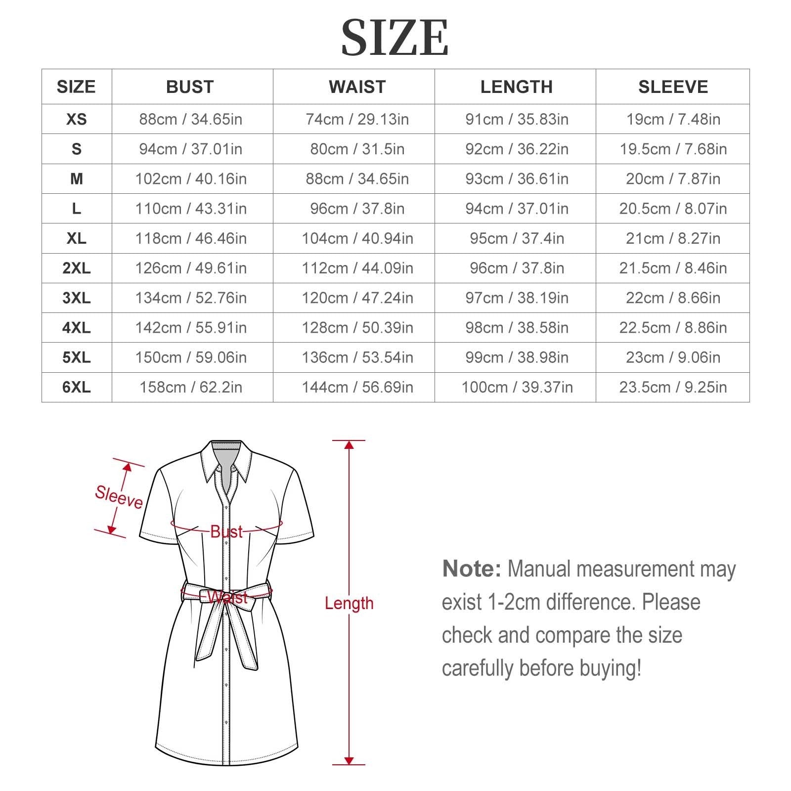 Clothing By Hot Takes Designs size chart for shirt dress showing bust, waist, length, and sleeve measurements