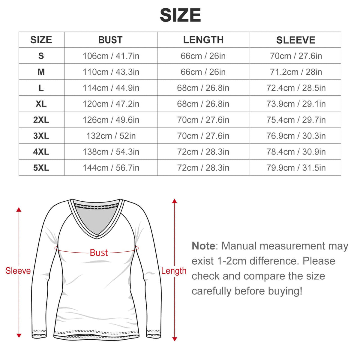 Clothing By Hot Takes Designs size chart for long sleeve V-neck tee showing bust, length, and sleeve measurements.