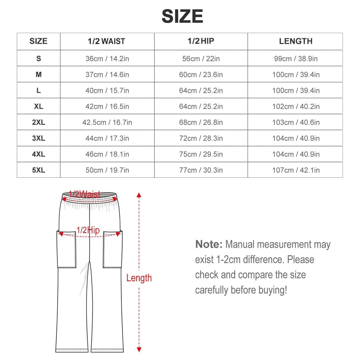 Clothing By Hot Takes Designs size chart for wide-leg casual pants showing waist, hip, and length measurements.