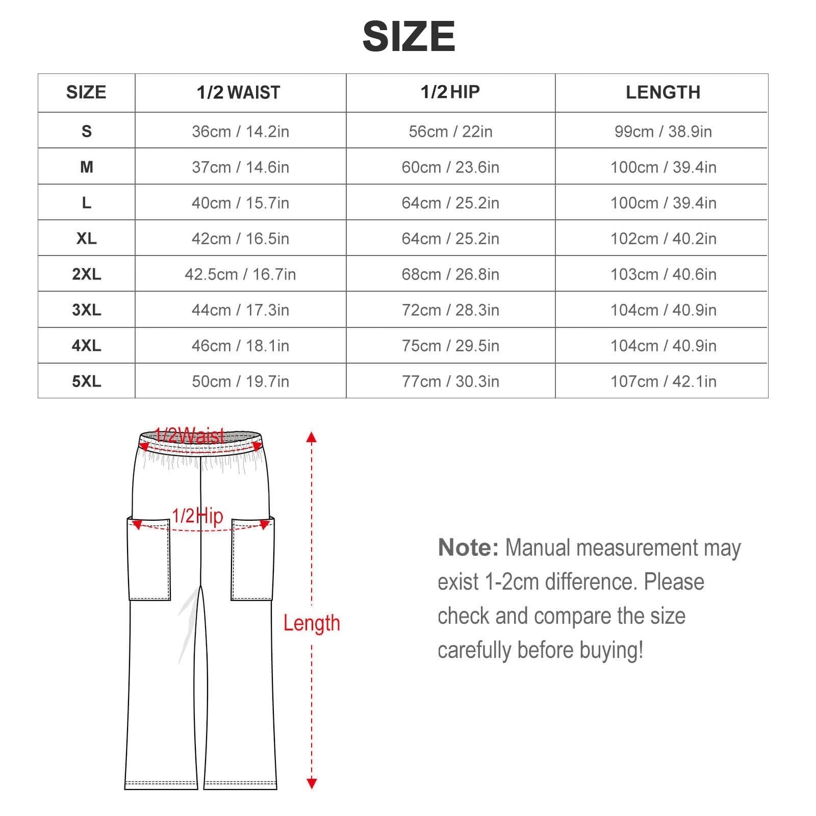 Clothing By Hot Takes Designs size chart for wide-leg casual pants showing waist, hip, and length measurements.