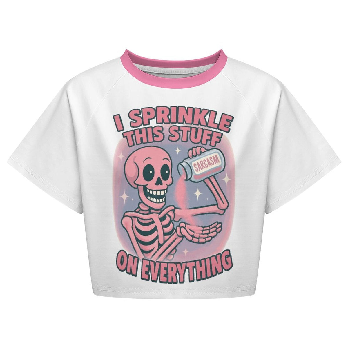 Clothing By Hot Takes Designs white cropped tee with a pink skeleton graphic sprinkling sarcasm from a shaker.