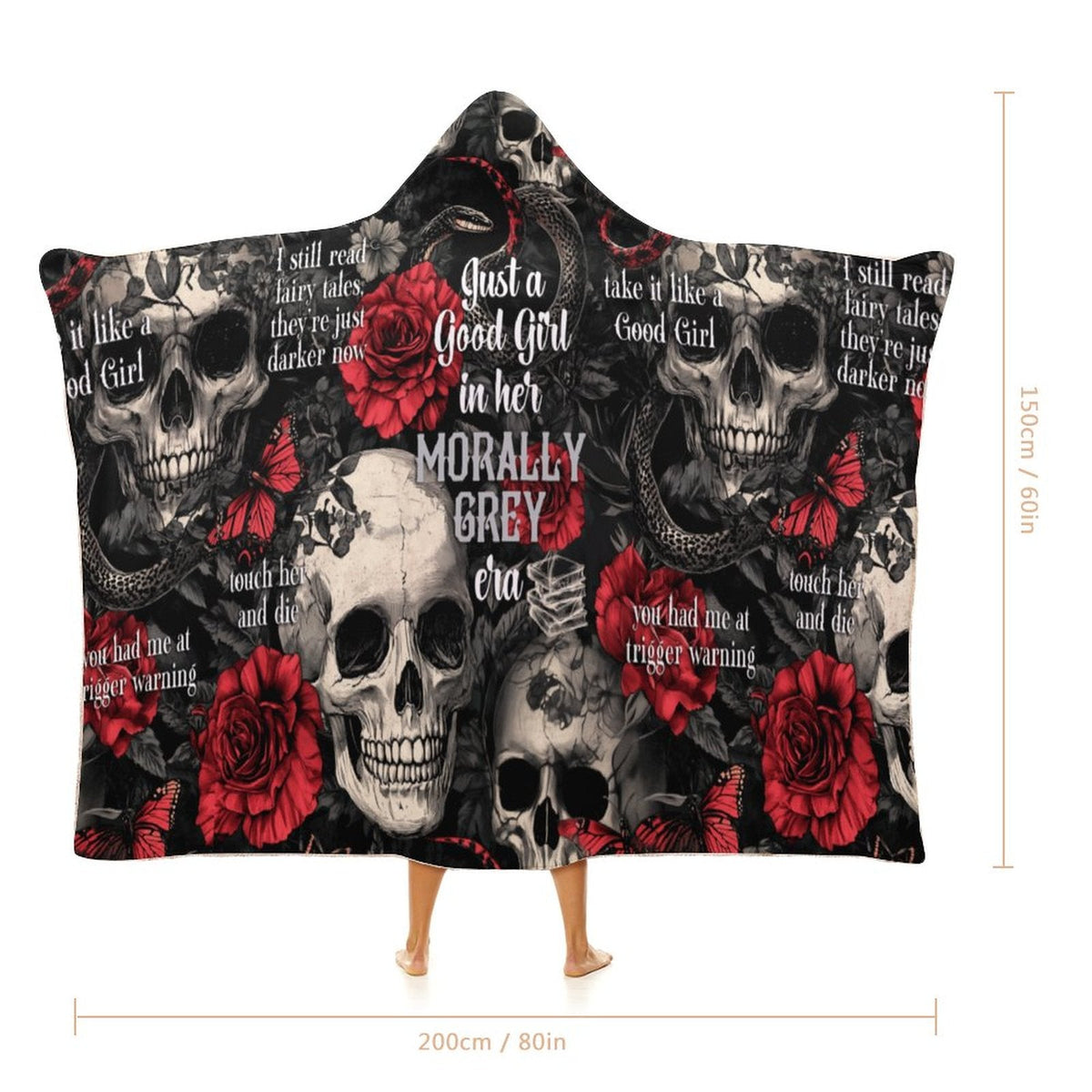 Clothing By Hot Takes Designs hooded blanket featuring a dark romance skull, rose, and snake print for book lovers.