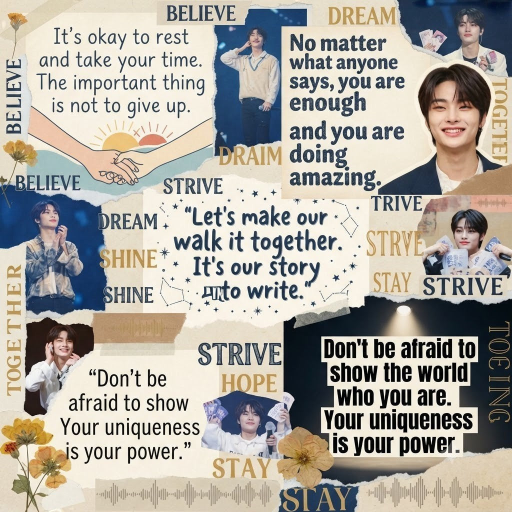 Clothing By Hot Takes Designs SKZ quote hoodie fabric featuring inspirational text and photos of Stray Kids members