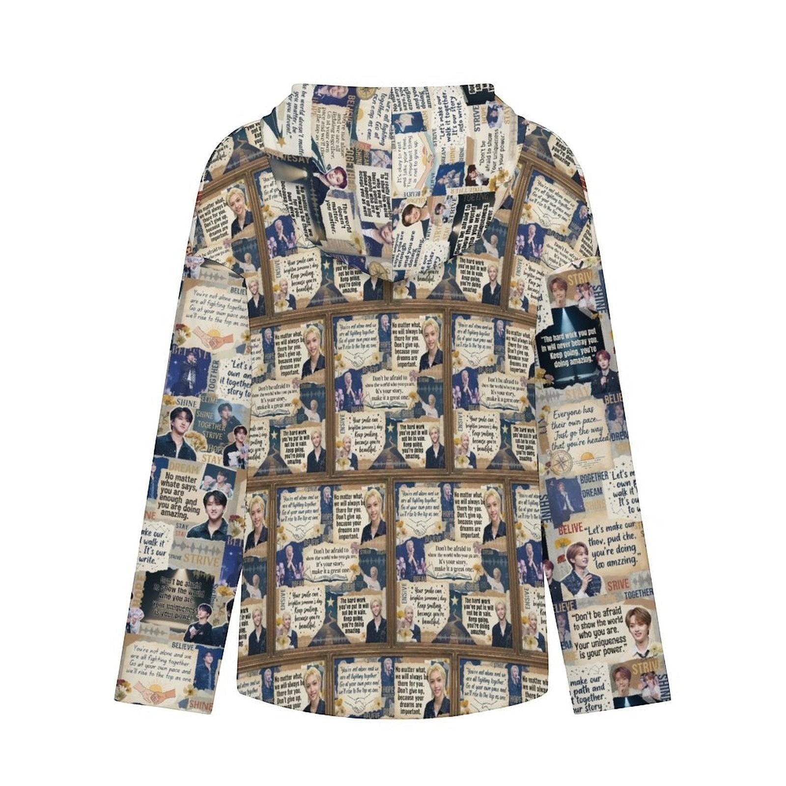 Clothing By Hot Takes Designs lightweight V-neck hoodie with all-over SKZ quote print and member photos.