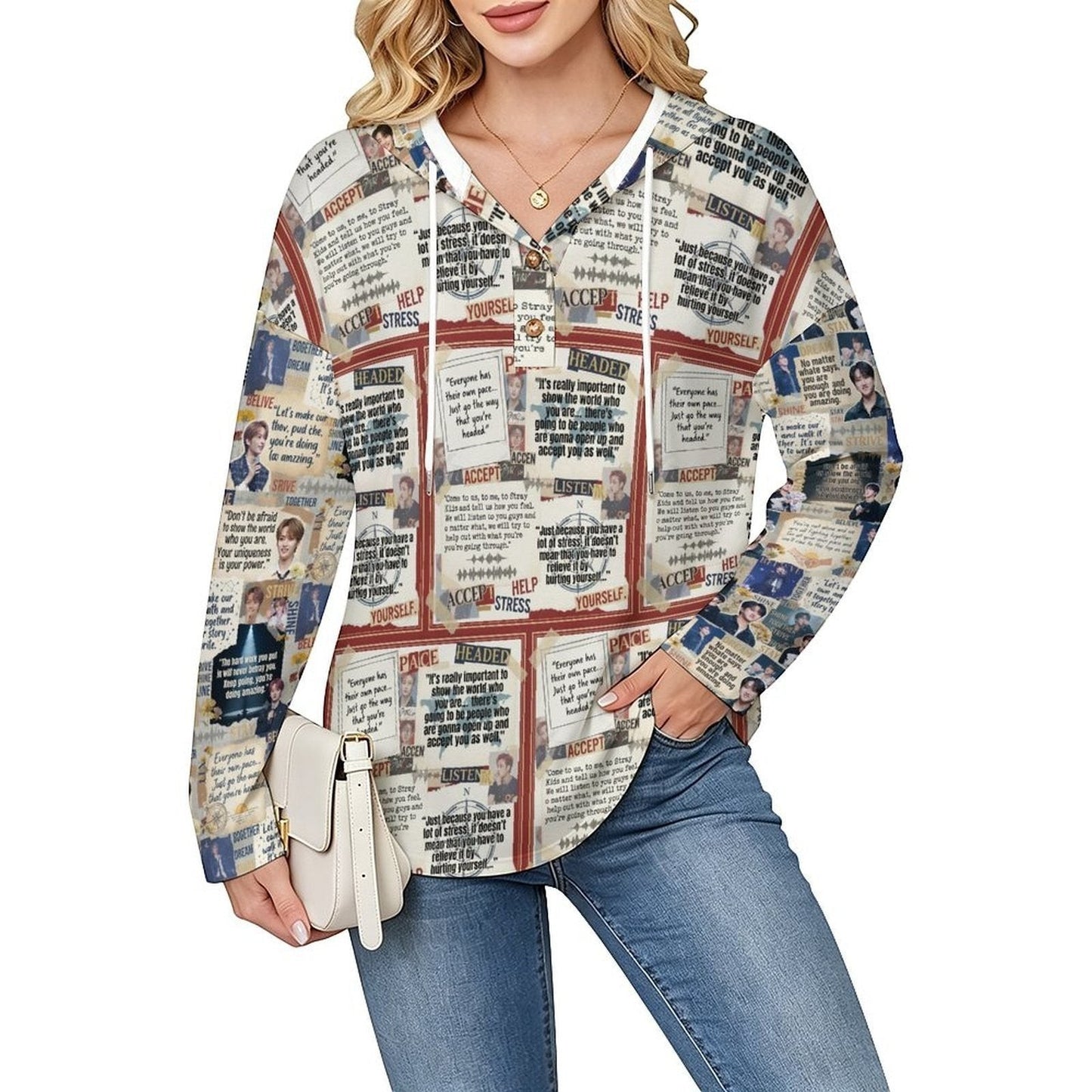 Clothing By Hot Takes Designs lightweight V-neck hoodie with all-over SKZ quote print and button-up detail.