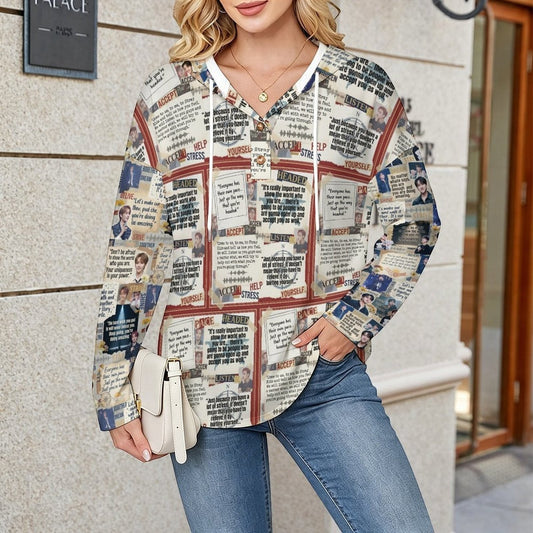Clothing By Hot Takes Designs lightweight V-neck hoodie with all-over SKZ quote print and button-up detail