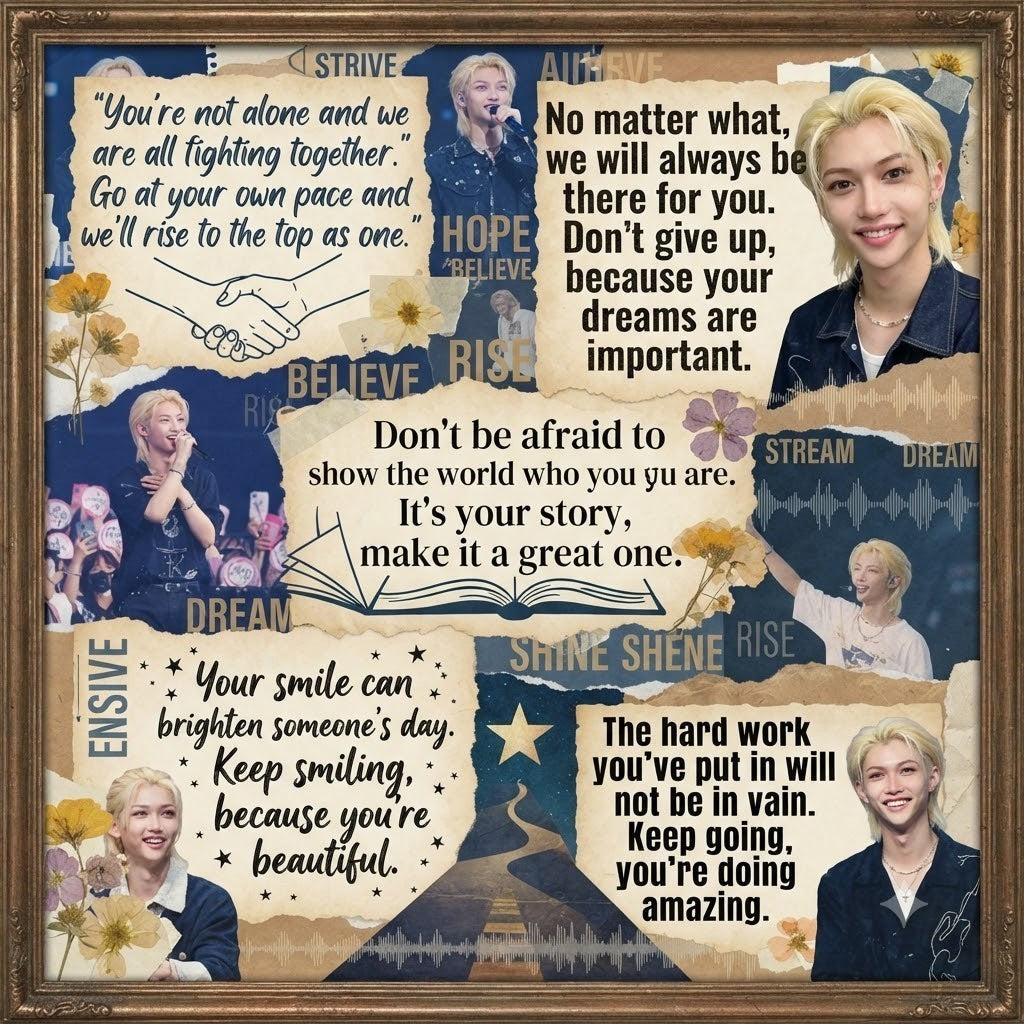Clothing By Hot Takes Designs collage featuring SKZ quotes and photos of Felix with inspirational messages and floral art