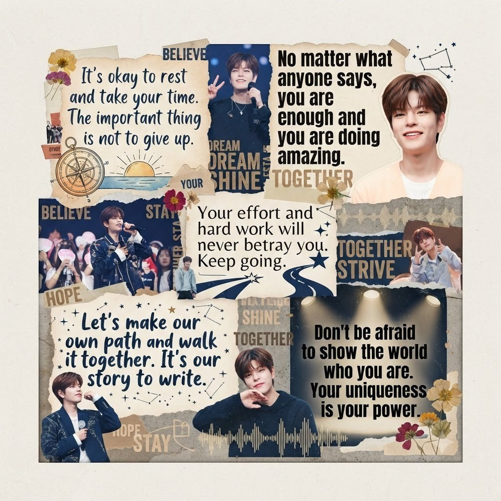 Clothing By Hot Takes Designs SKZ Stay Motivated hoodie fabric featuring inspirational quotes and photos of Seungmin.