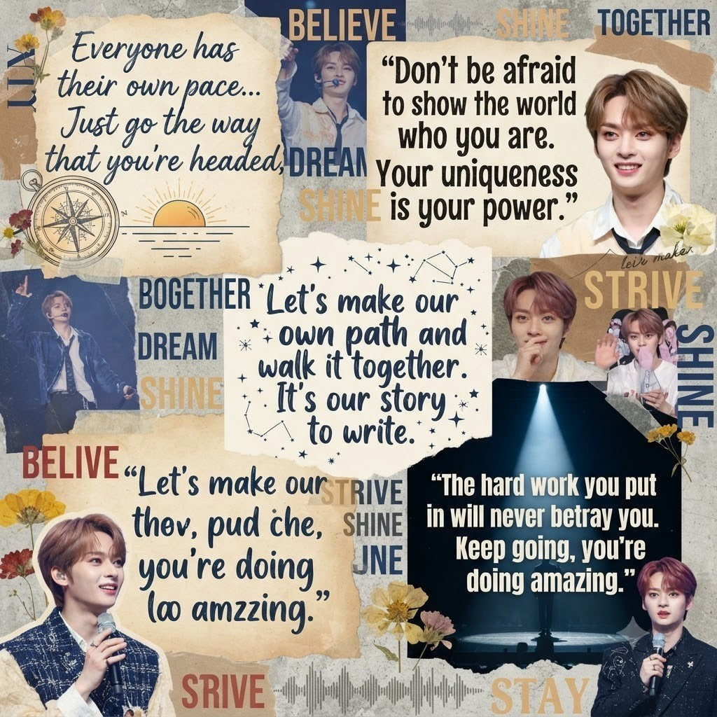 Clothing By Hot Takes Designs SKZ quotes hoodie featuring inspirational text and photos of Lee Know on a parchment background