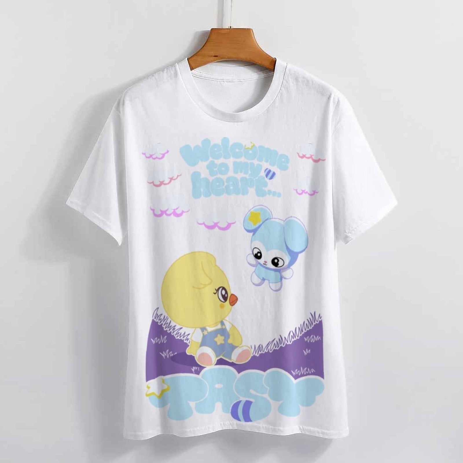 Clothing By Hot Takes Designs white milk silk t-shirt featuring a vibrant Bokri and Tasy SKZOO graphic print.
