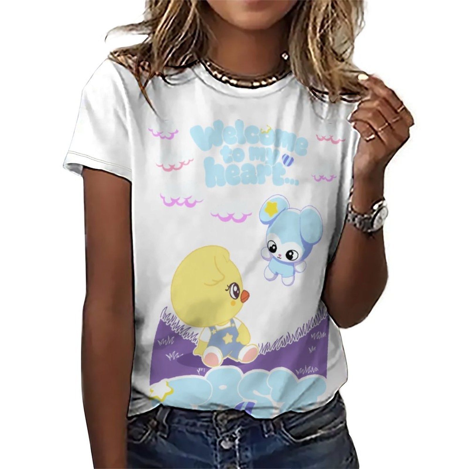 Clothing By Hot Takes Designs white graphic t-shirt featuring Bokri and Tasy SKZOO characters in a soft pastel print.