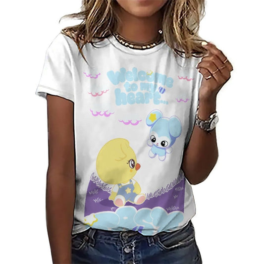 Clothing By Hot Takes Designs white graphic t-shirt featuring Bokri and Tasy SKZOO characters in a soft pastel print.