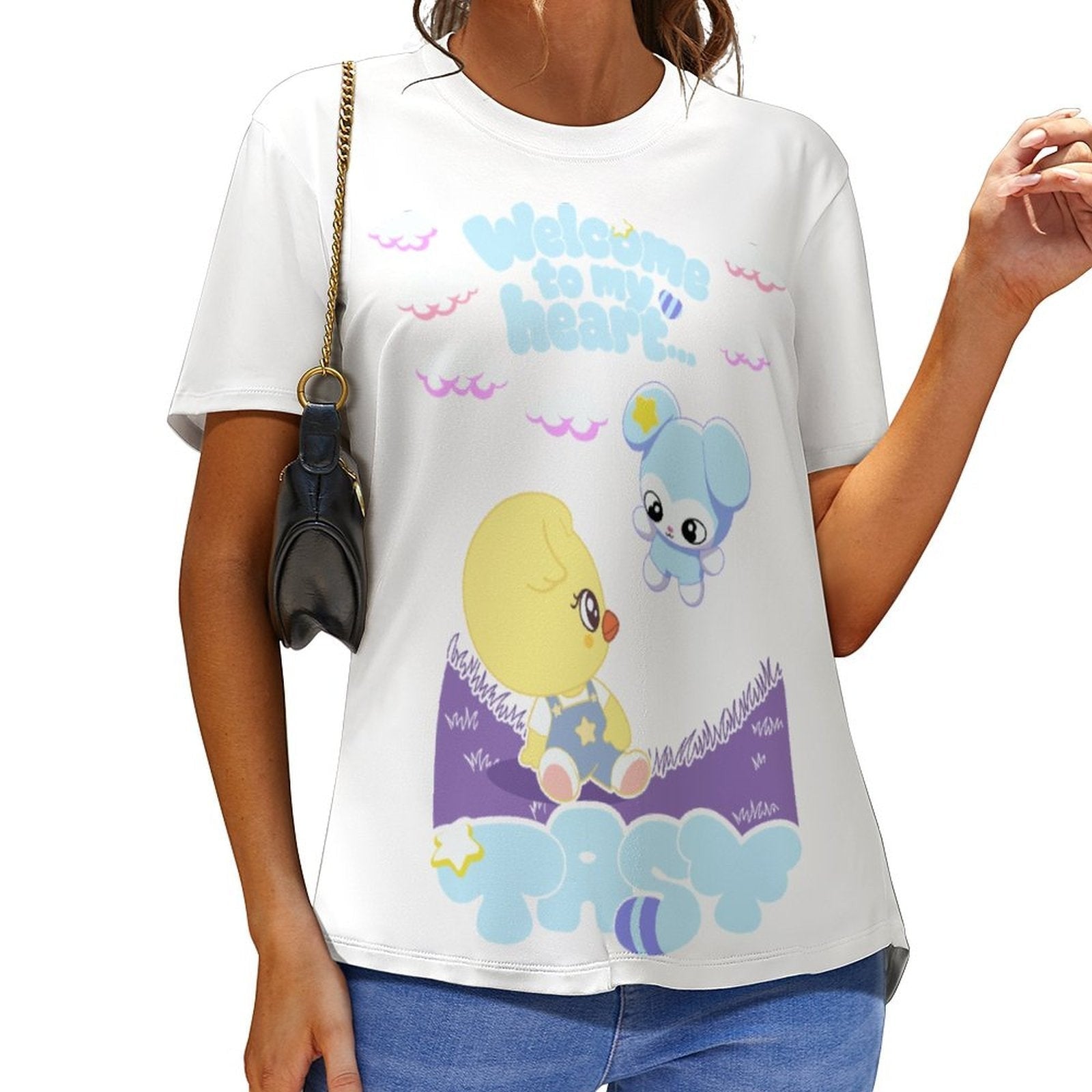 Clothing By Hot Takes Designs white milk silk t-shirt featuring Bokri and Tasy SKZOO characters with graphic print.