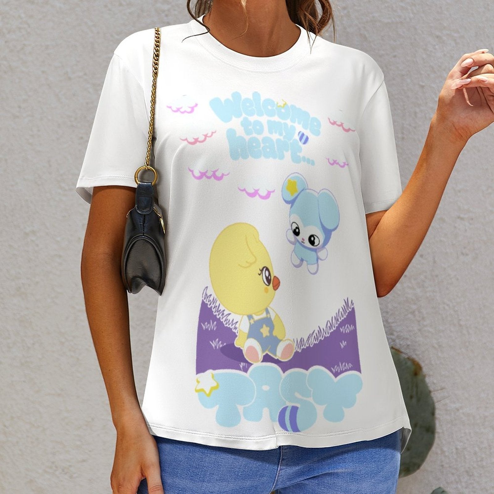 Clothing By Hot Takes Designs white graphic t-shirt featuring Bokri and Tasy SKZOO characters in a pastel print.