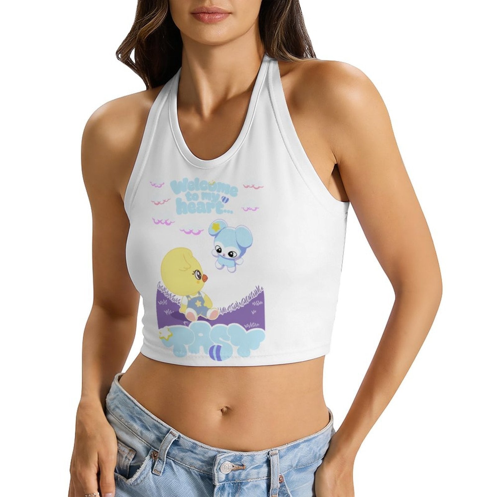 Clothing By Hot Takes Designs white milk silk halter crop top featuring Bokri and Tasy SKZOO characters print.