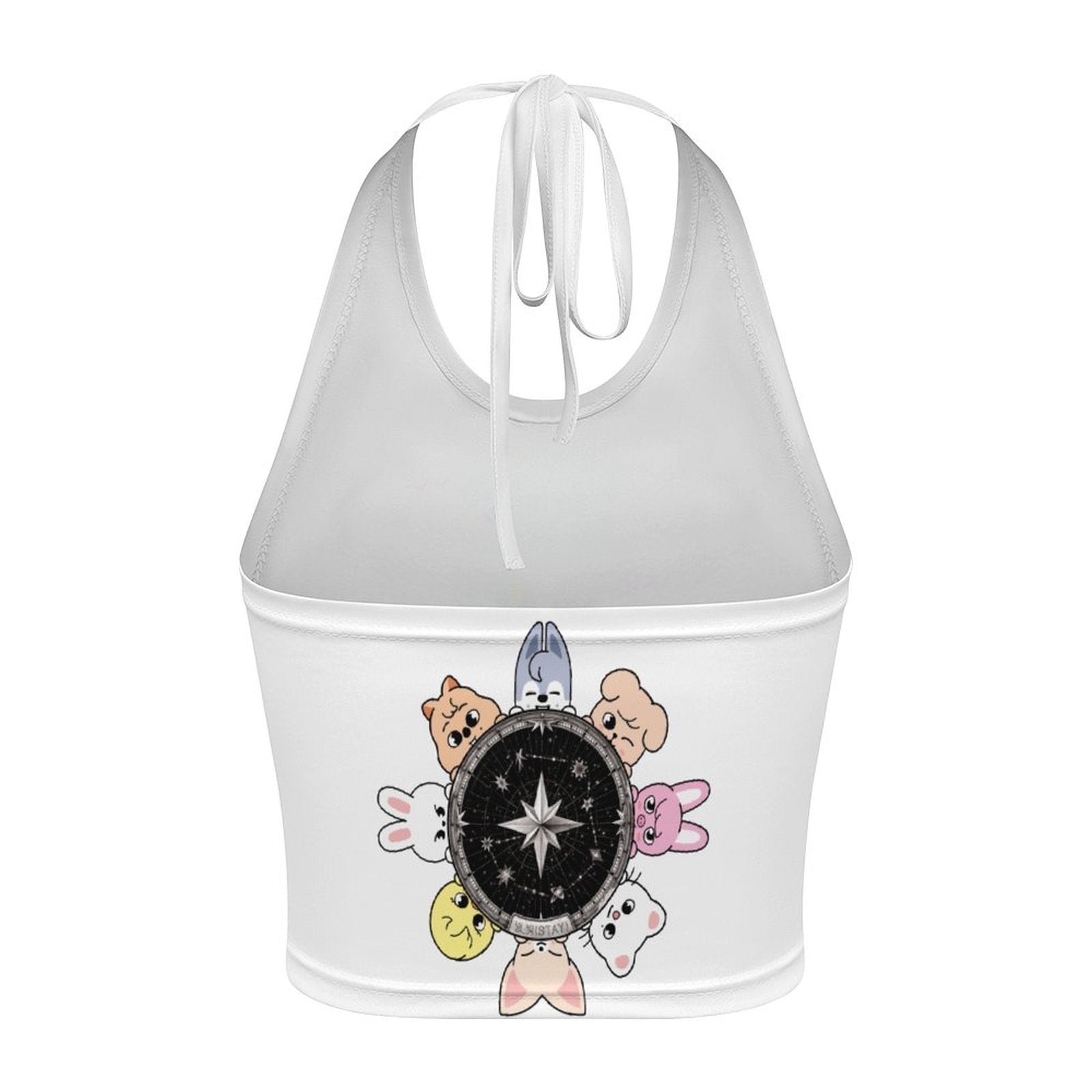 Clothing By Hot Takes Designs white halter crop top featuring a circular SKZOO character print and adjustable ties.