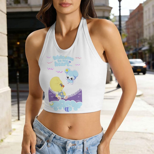 Clothing By Hot Takes Designs white milk silk halter crop top with Bokri and Tasy SKZOO print worn by a woman outdoors