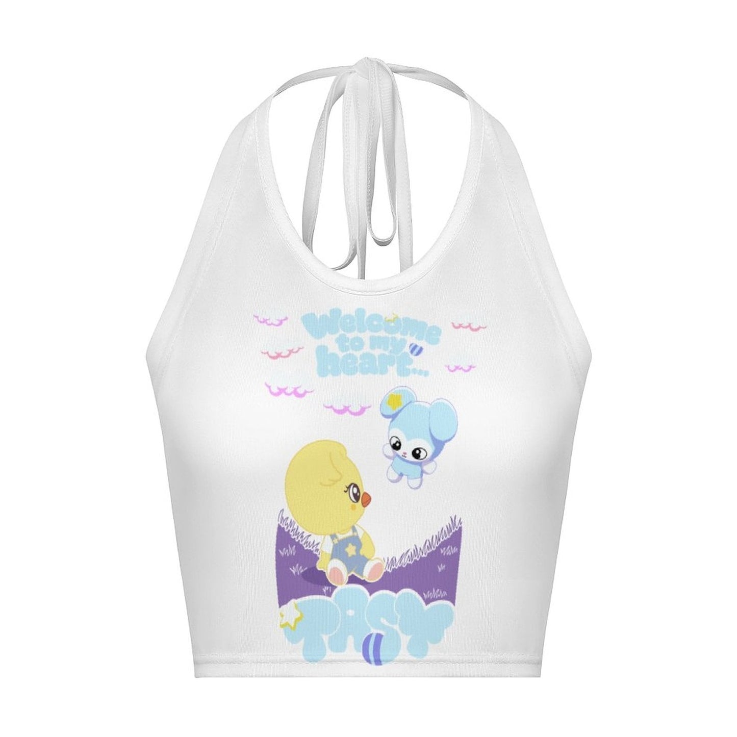 Clothing By Hot Takes Designs white milk silk halter crop top with Bokri and Tasy SKZOO character print