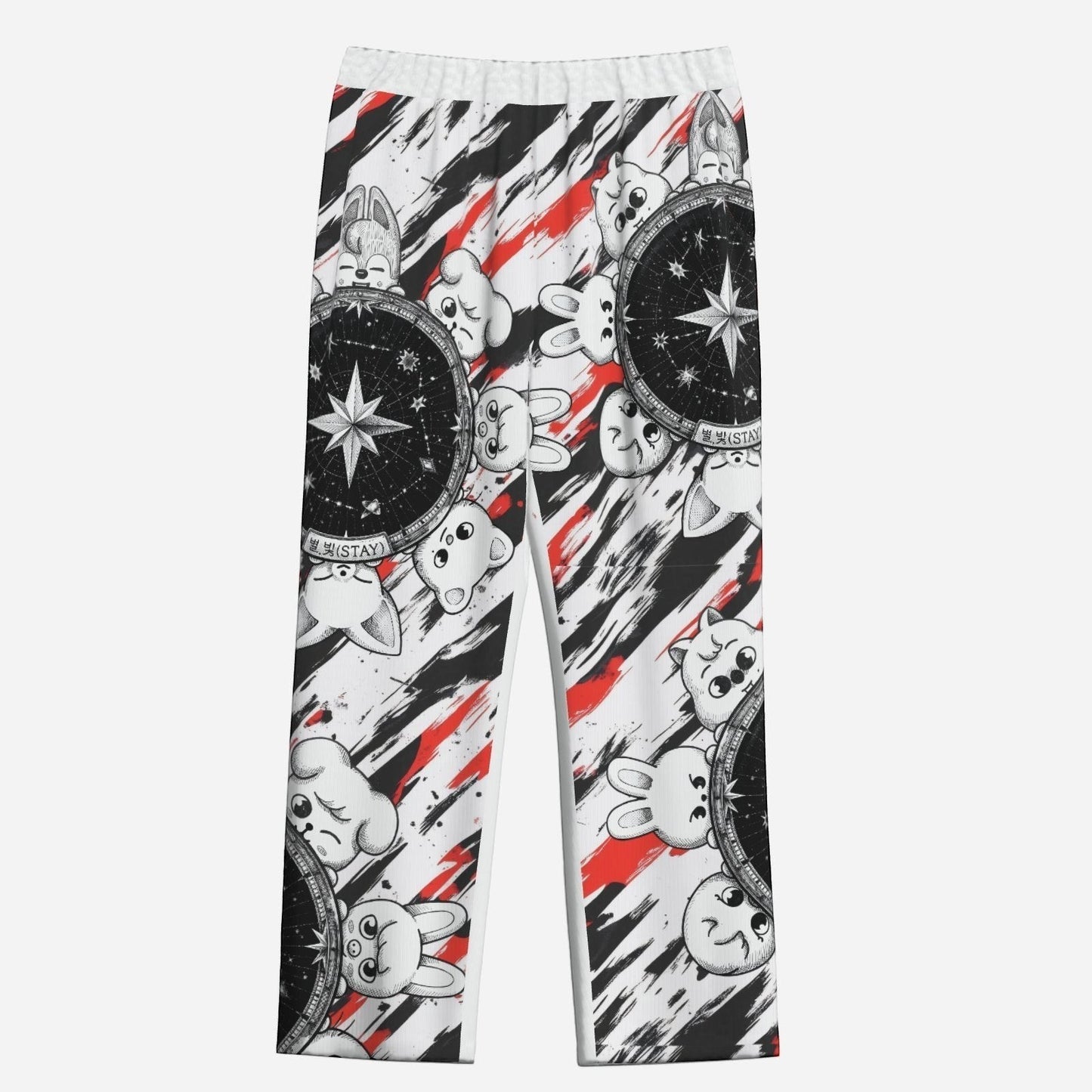 Clothing By Hot Takes Designs Stray Kids SKZOO pajama pants with black, white, and red abstract print and compass motifs.