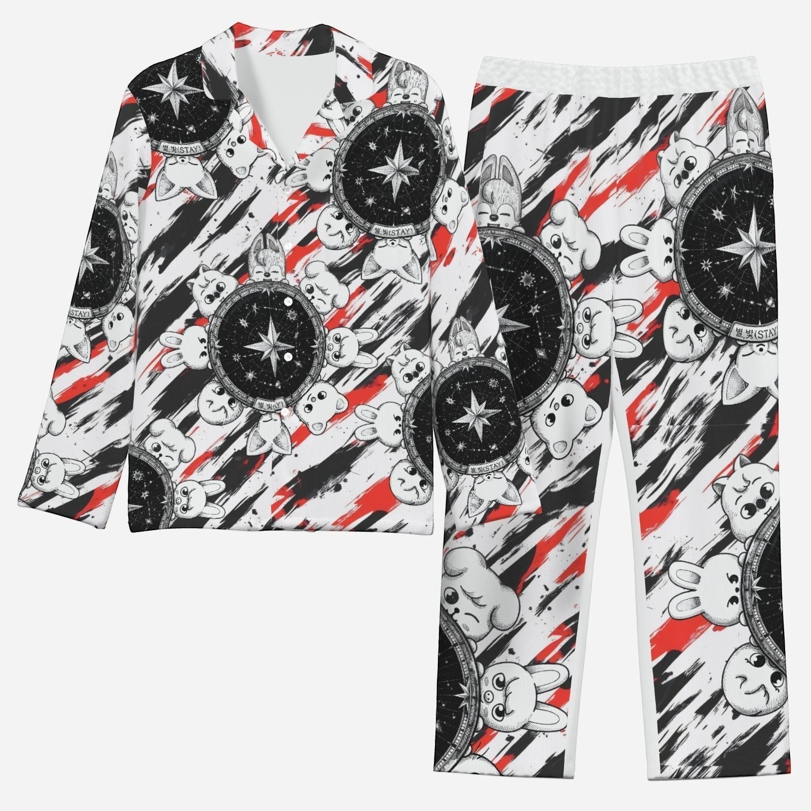 Clothing By Hot Takes Designs Stray Kids SKZOO inspired pajama set with black, white, and red graphic print.
