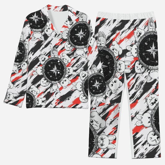 Clothing By Hot Takes Designs Stray Kids SKZOO inspired pajama set with black, white, and red graphic print.