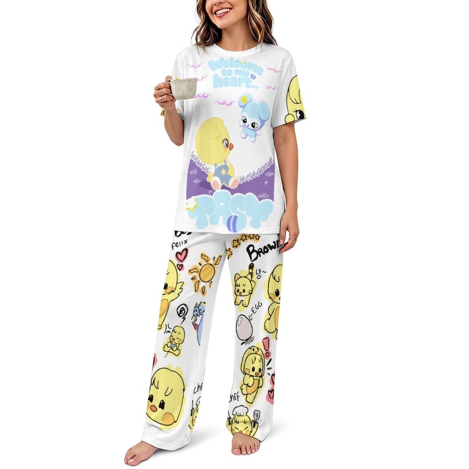 Clothing By Hot Takes Designs short-sleeve pajama set featuring SKZOO Bokri and Tasy character prints on white milk fiber.
