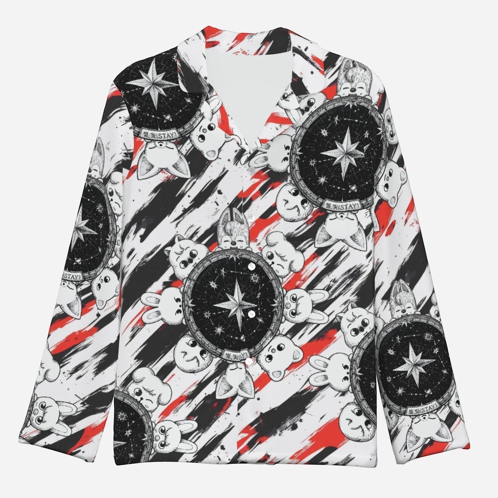 Clothing By Hot Takes Designs Stray Kids SKZOO pajama top with black, white, and red abstract print and star motifs.