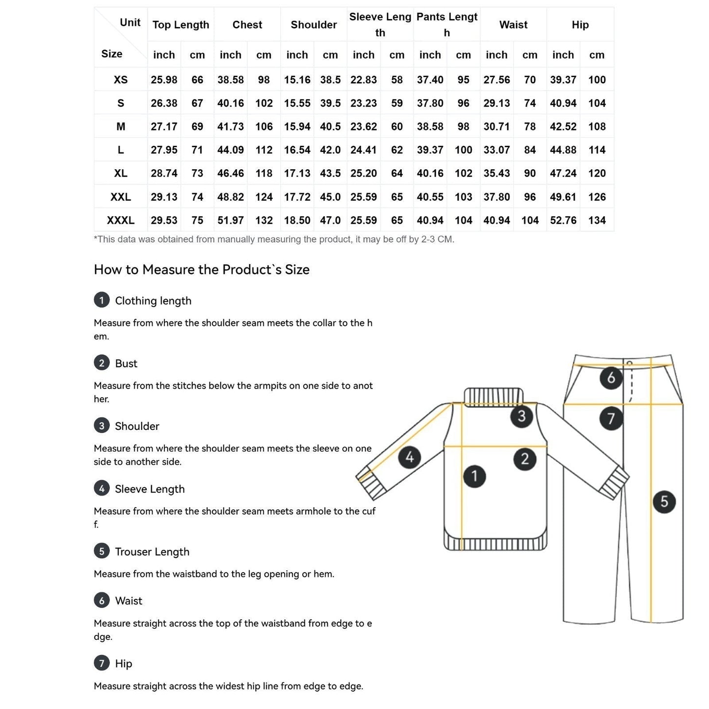 Clothing By Hot Takes Designs size chart for Stray Kids SKZOO pajamas showing measurement points and dimensions