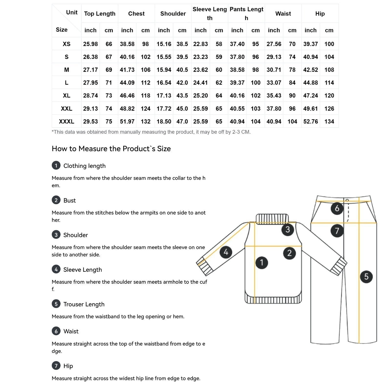 Clothing By Hot Takes Designs size chart for Stray Kids SKZOO pajamas showing measurement points and dimensions